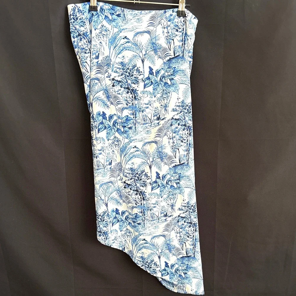 Cider Blue White Toile de Jouy Tropical Ruched Asymmetrical Midi Skirt Large